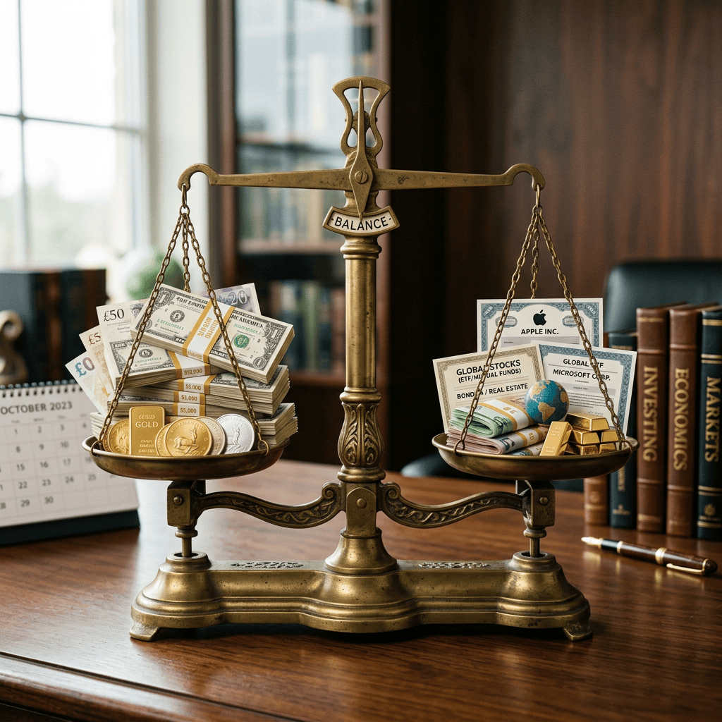 Balance scale labeled BALANCE comparing money and gold with stocks, bonds, and real estate